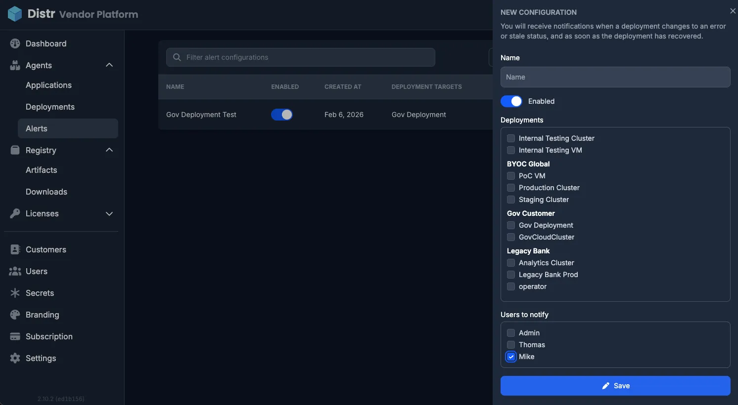 Alerts configuration in the Vendor Portal