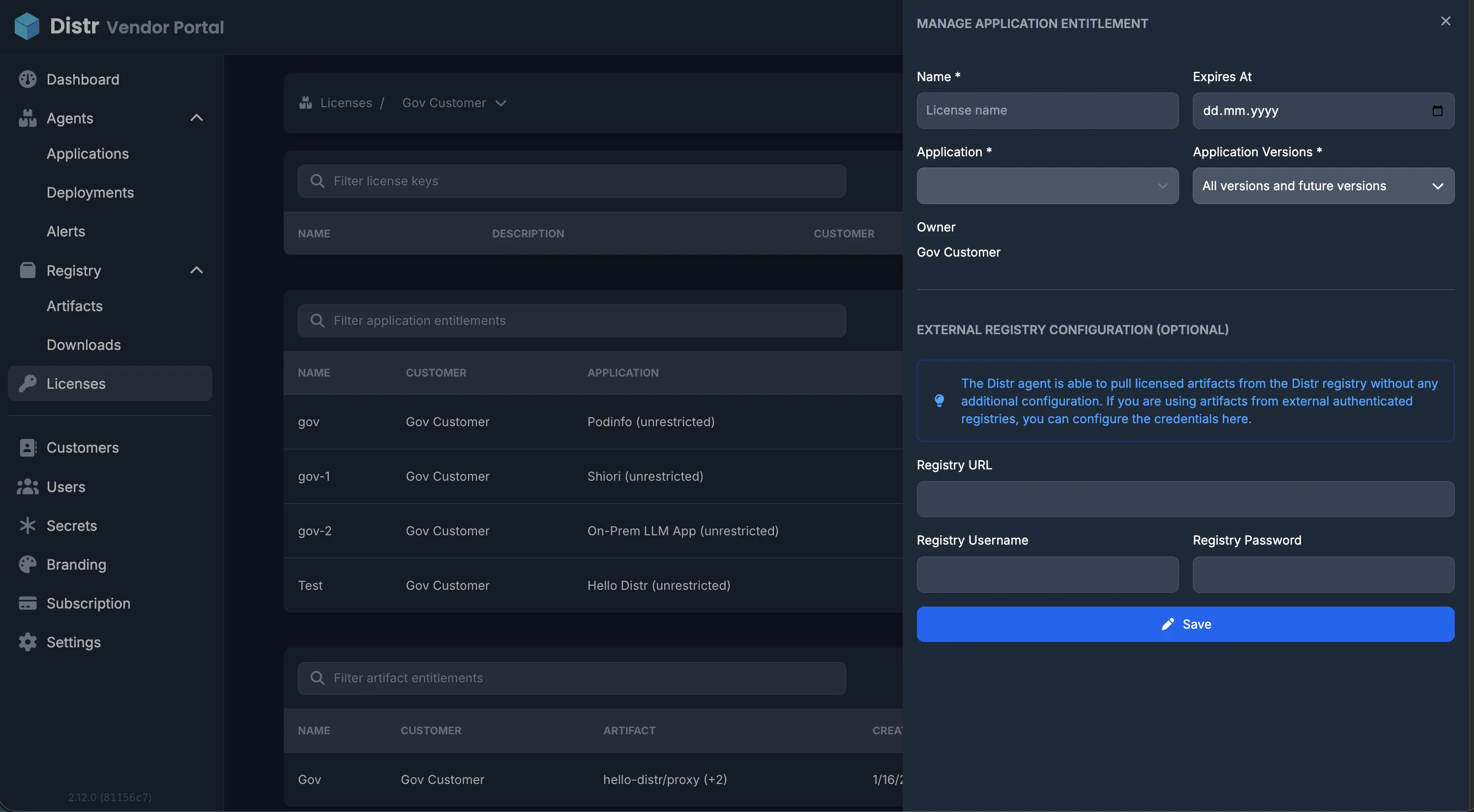 Application Entitlement create form showing name, expiration date, application selector, version picker, and optional registry credentials