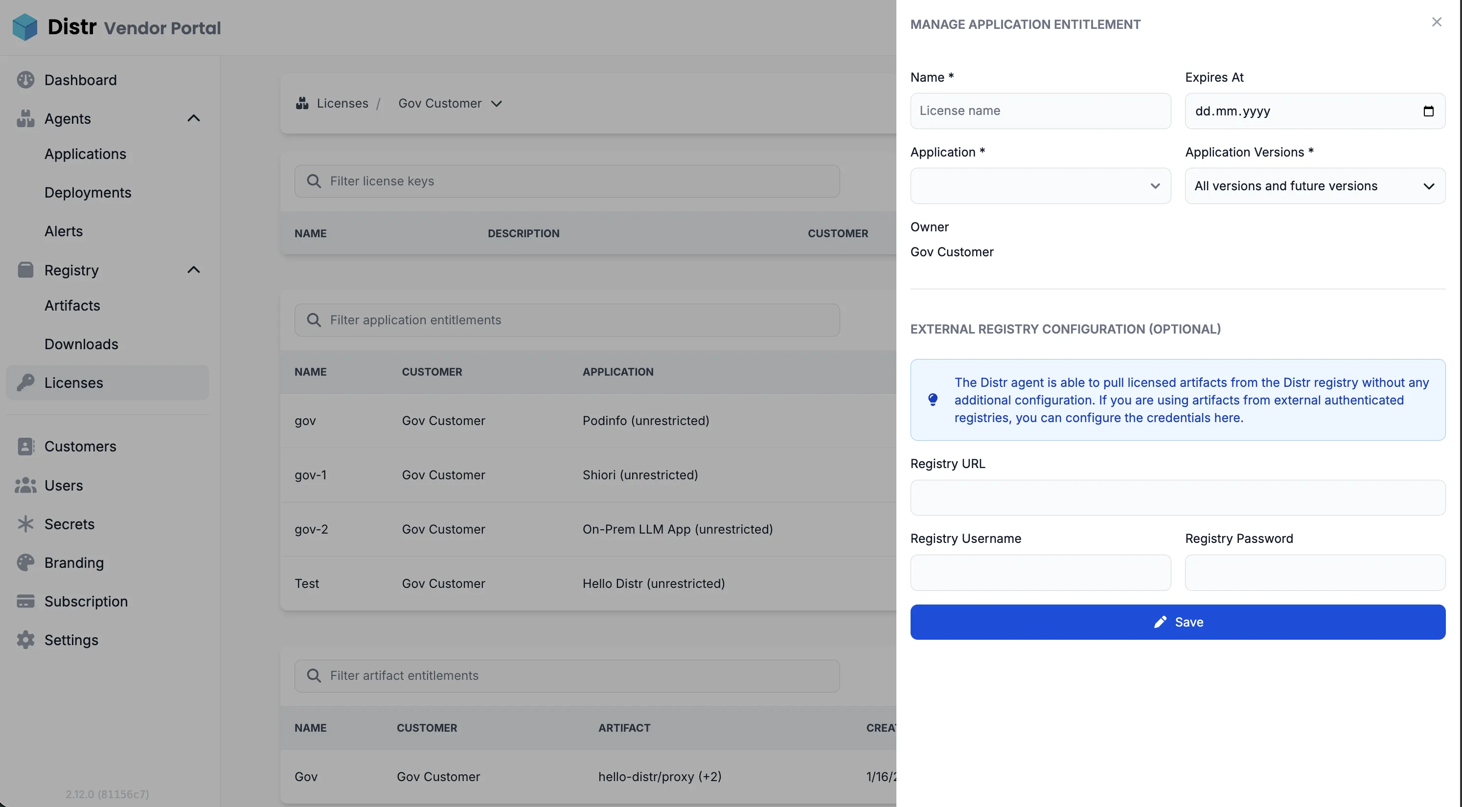 Application Entitlement create form showing name, expiration date, application selector, version picker, and optional registry credentials