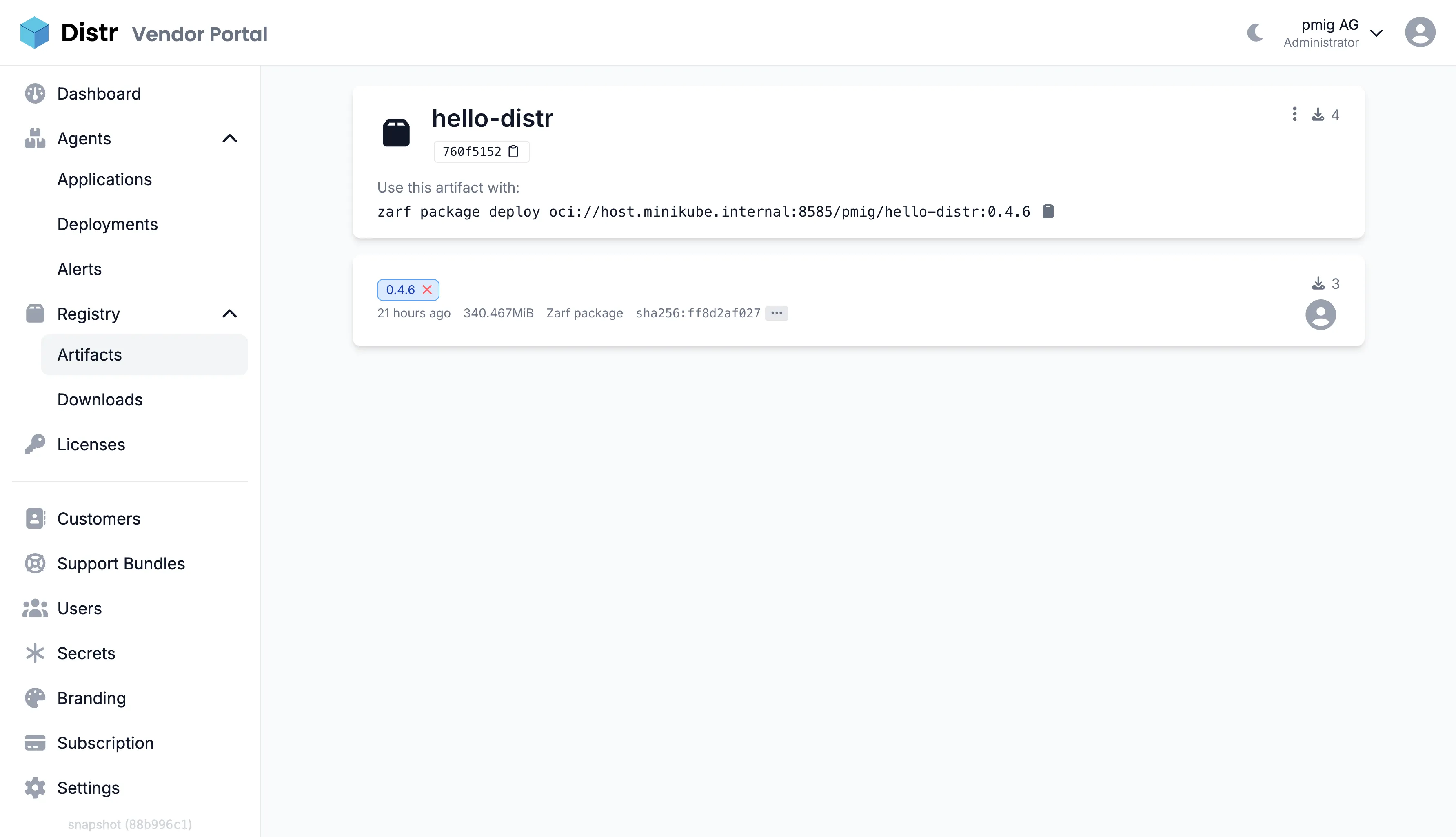 Distr registry artifact detail page for the hello-distr Zarf package with the zarf package deploy command