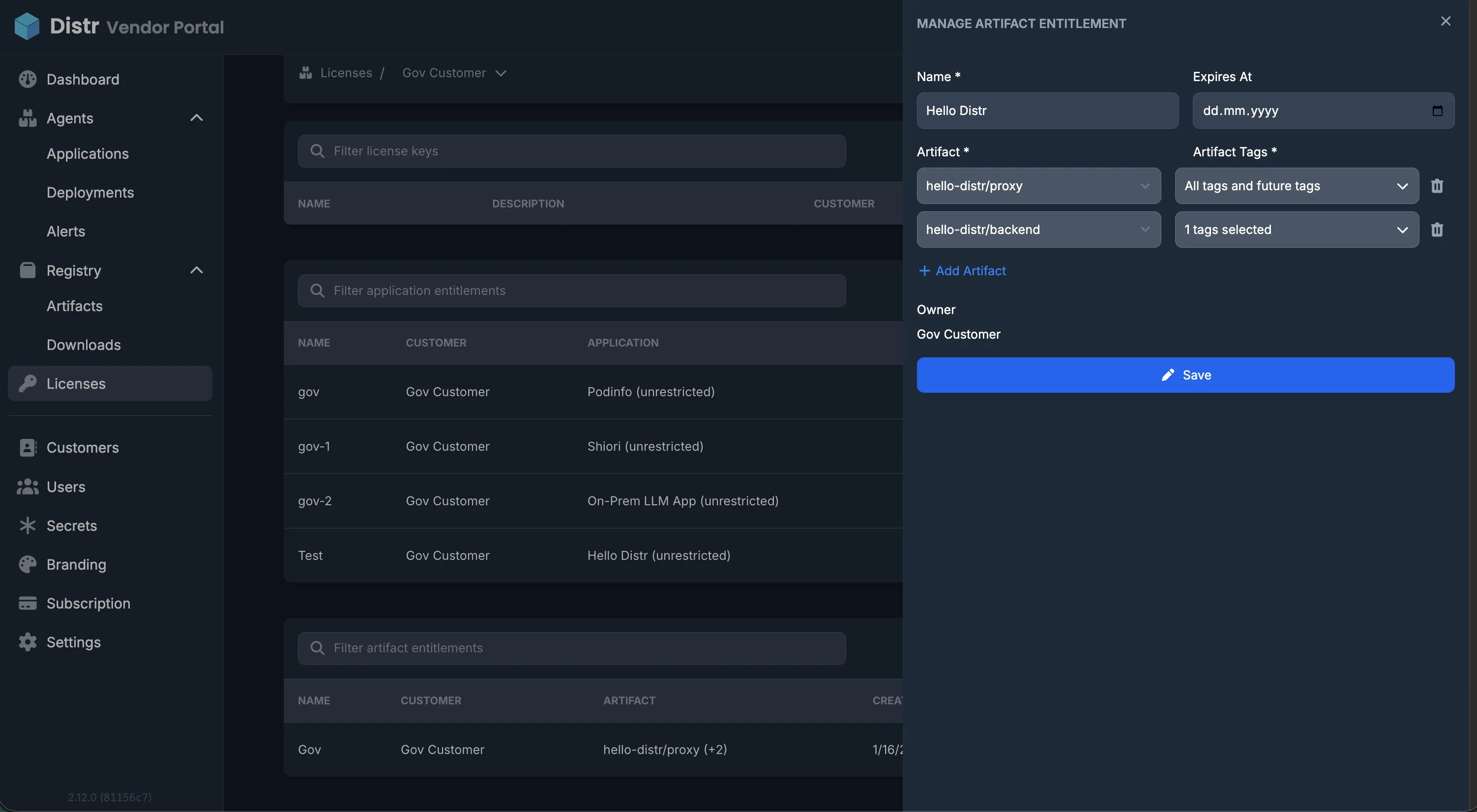 Artifact Entitlement create form showing name, expiration date, artifact selector, tag options, and owner field