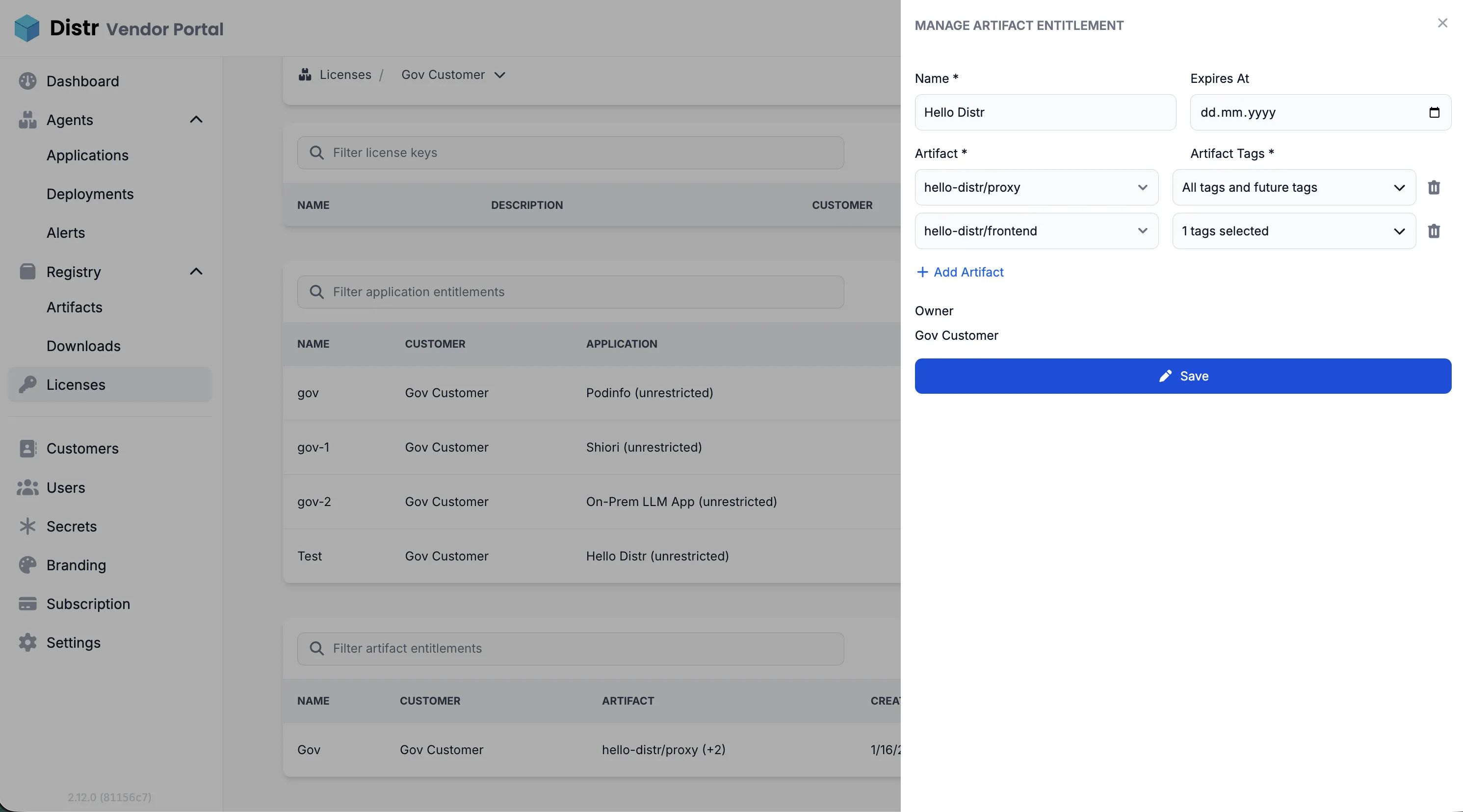 Artifact Entitlement create form showing name, expiration date, artifact selector, tag options, and owner field