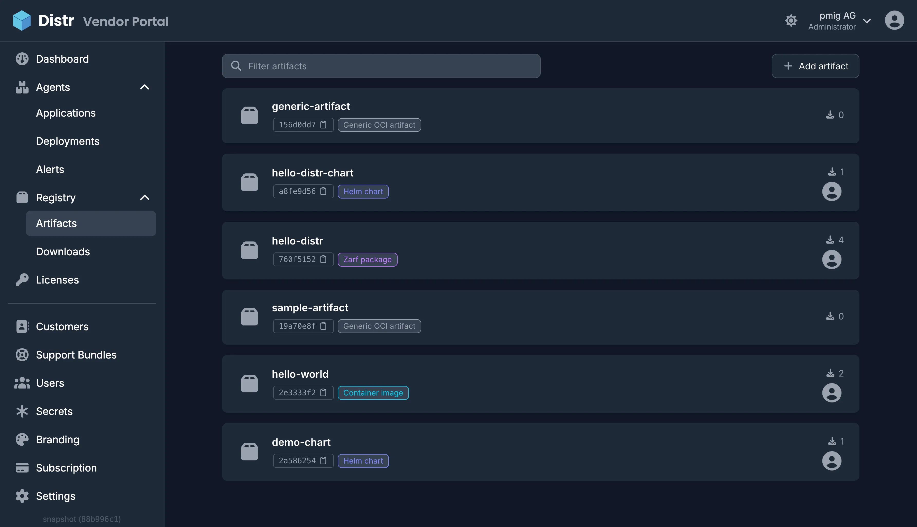 Distr registry artifact list showing the hello-distr Zarf package