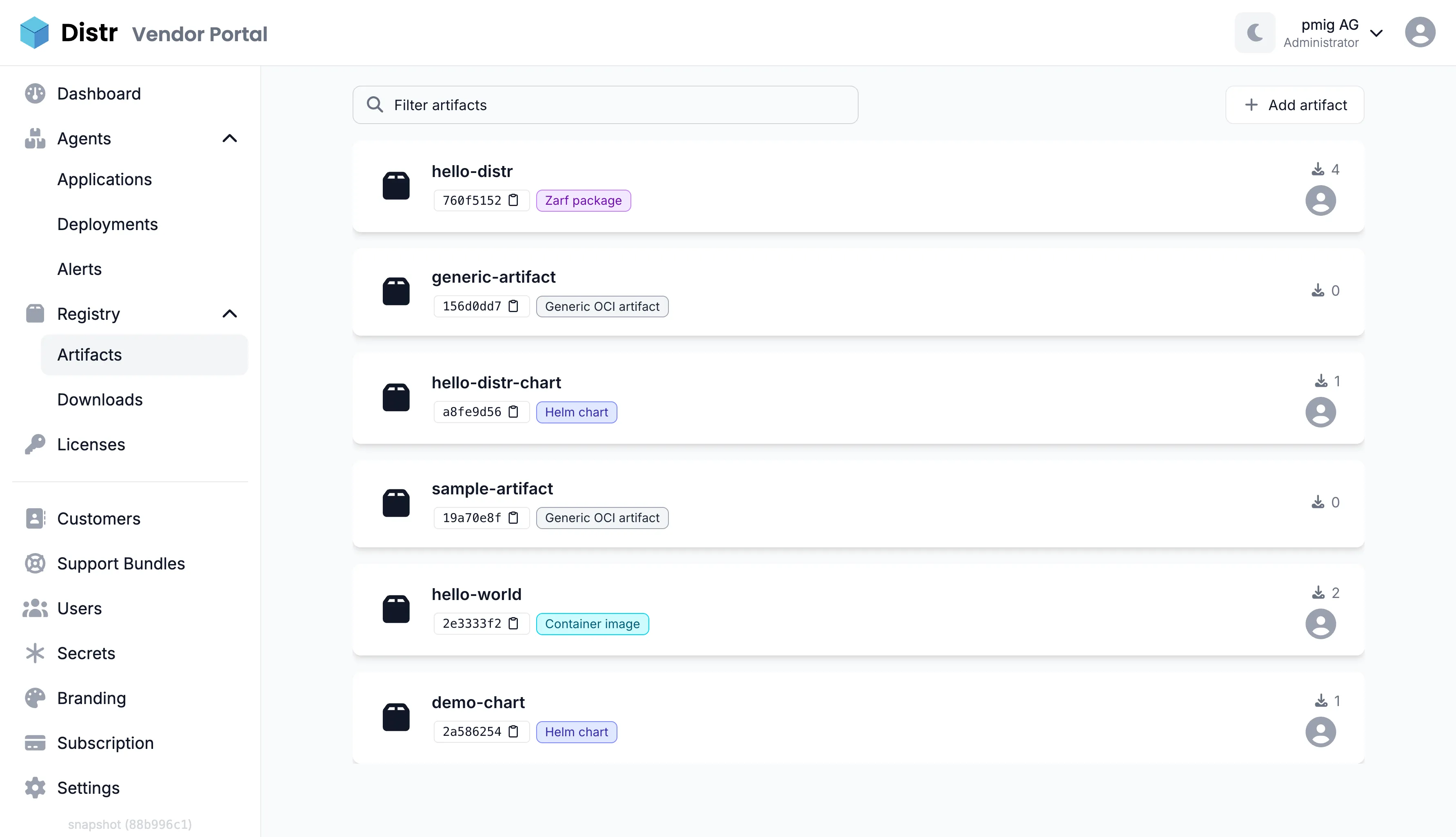 Distr registry artifact list showing the hello-distr Zarf package