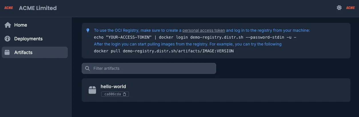 Registry artifacts view