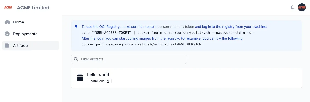 Registry artifacts view