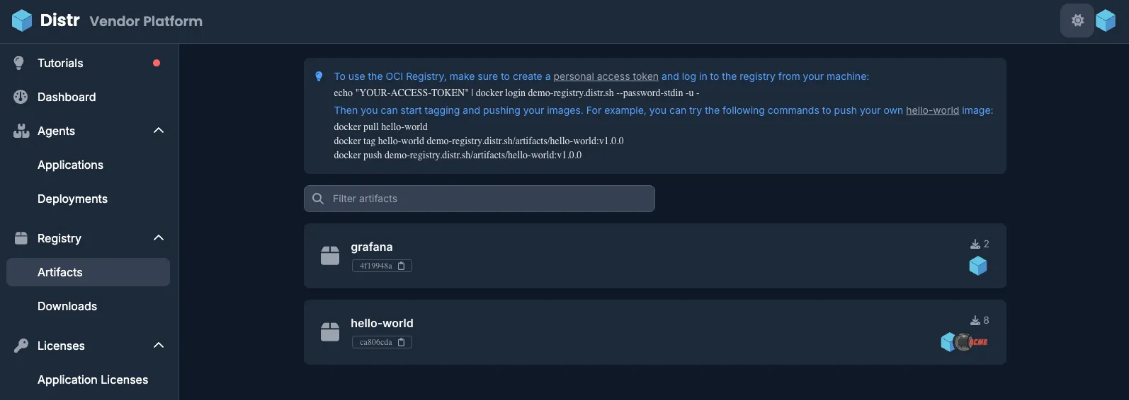 Registry artifacts view