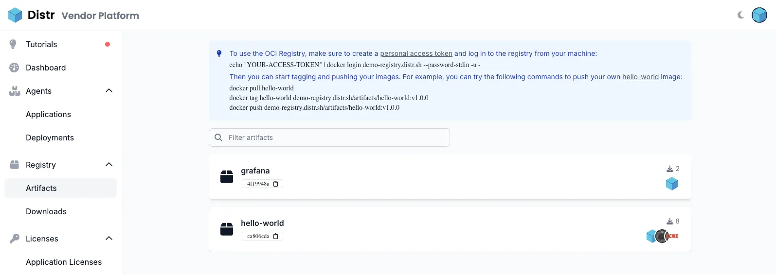 Registry artifacts view
