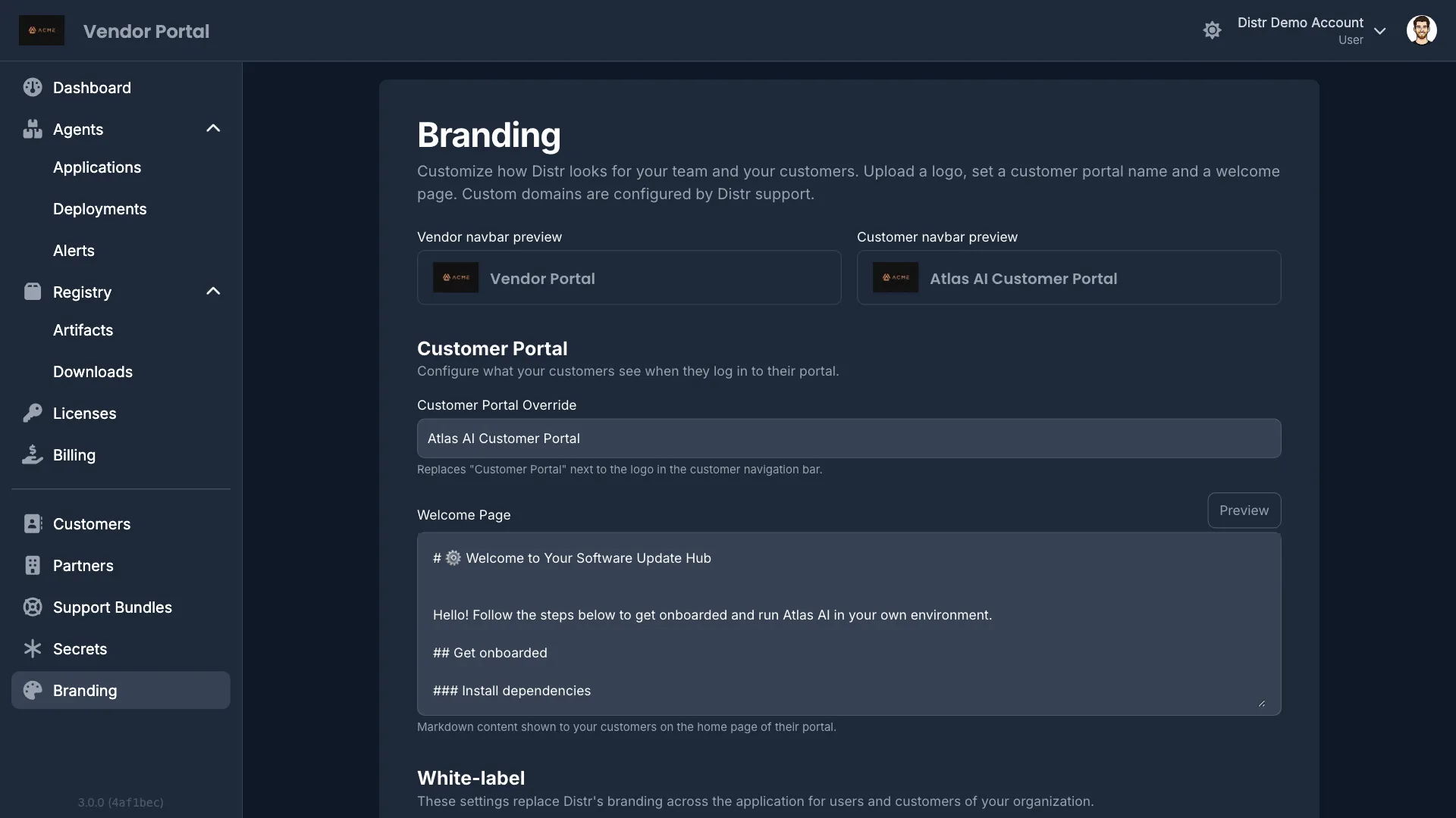 Branding configuration page in the Vendor Portal