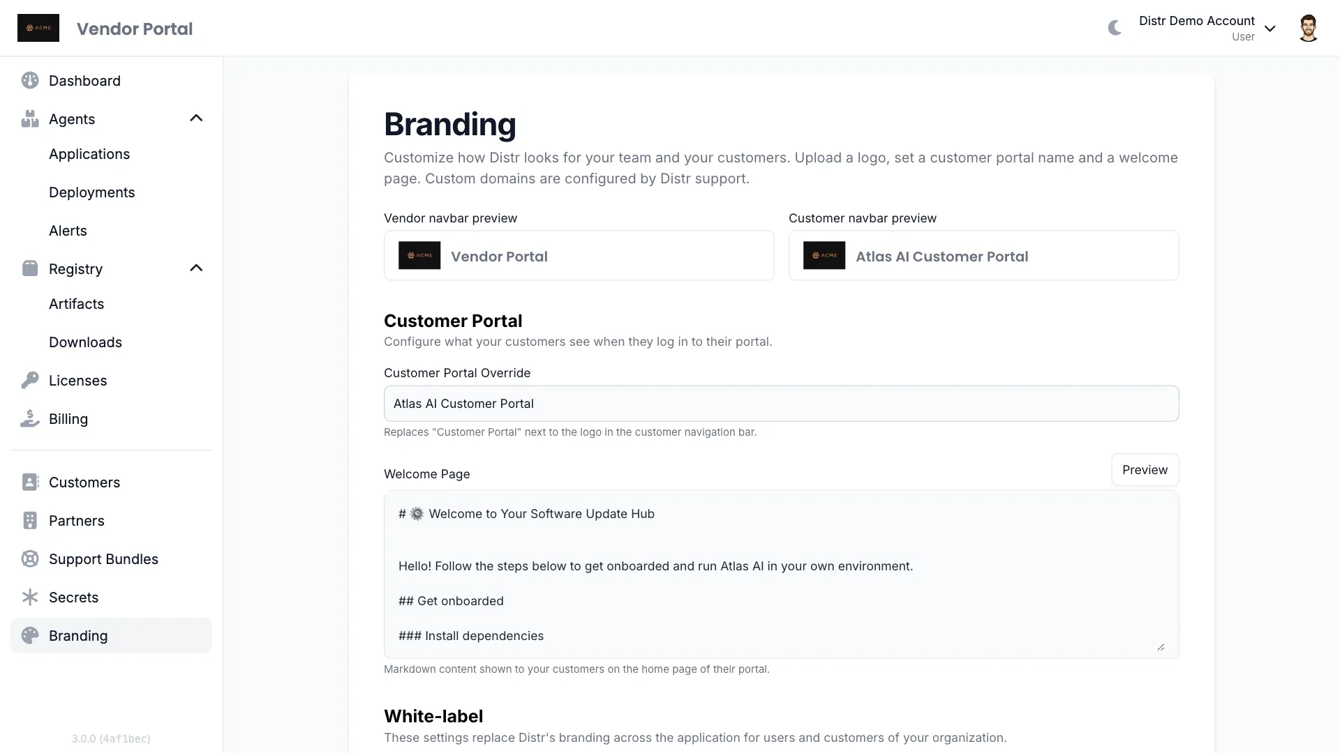 Branding configuration page in the Vendor Portal