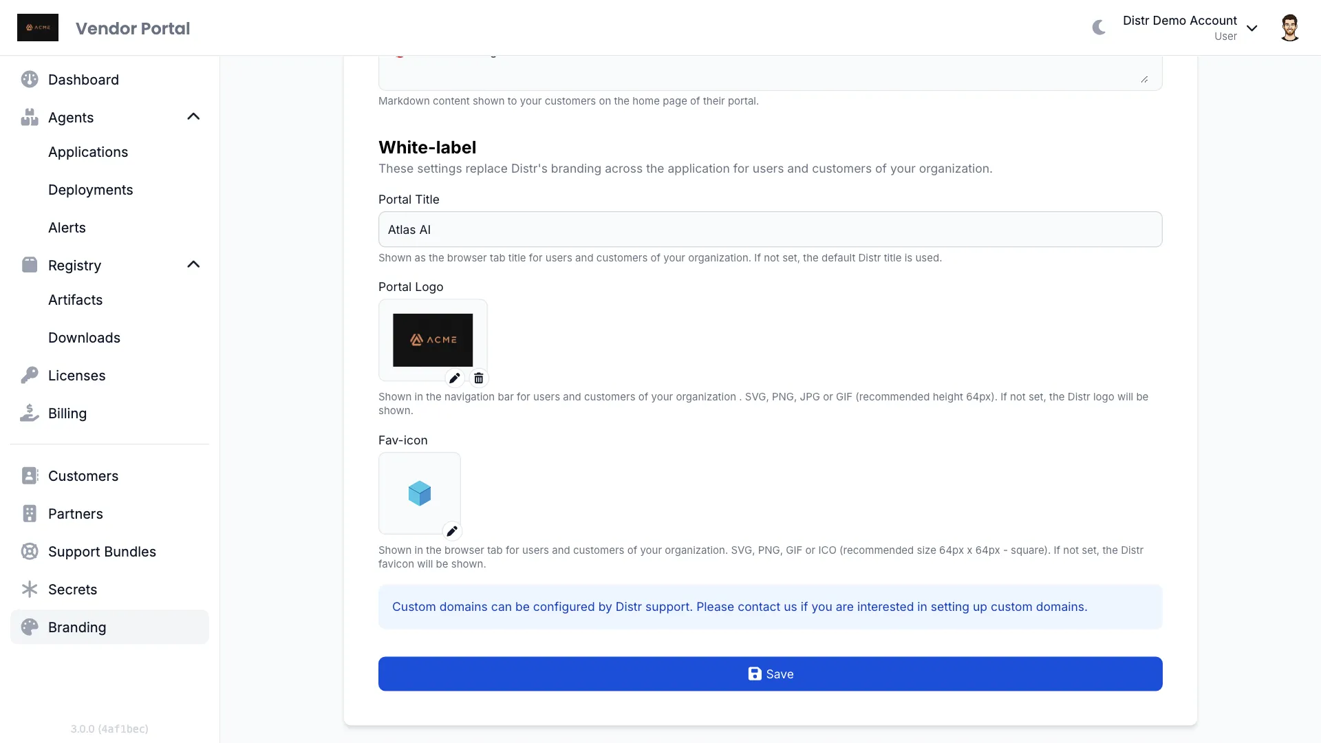 White-label section of the Branding page