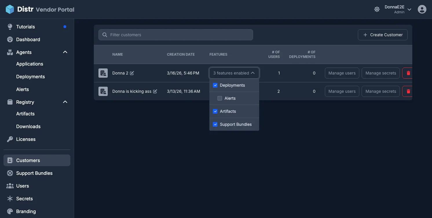 Customer features dropdown showing Deployments, Alerts, Artifacts, and Support Bundles