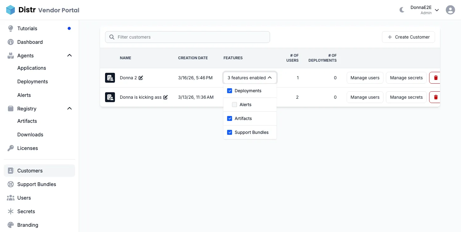 Customer features dropdown showing Deployments, Alerts, Artifacts, and Support Bundles