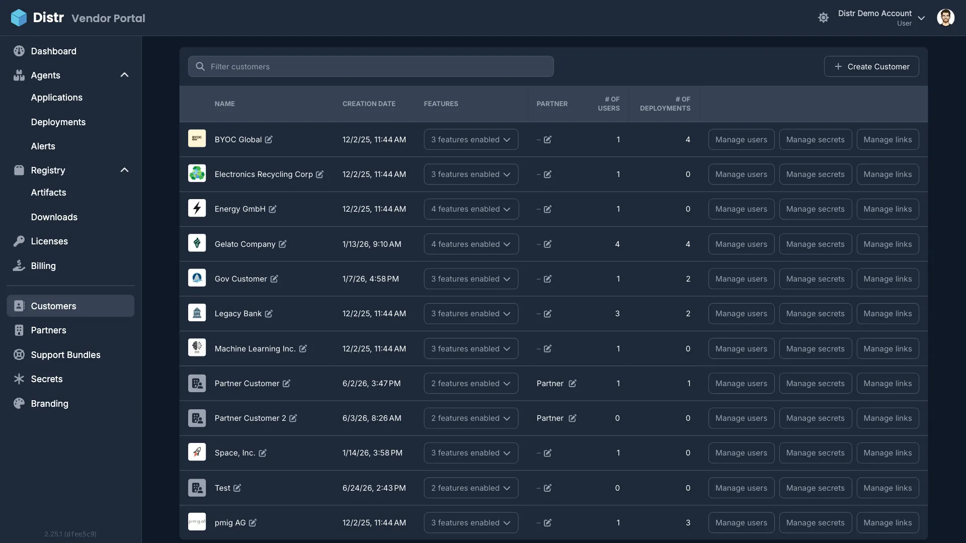 Customers section in the Vendor Portal