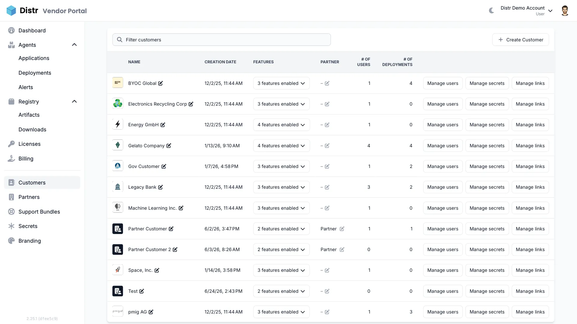 Customers section in the Vendor Portal