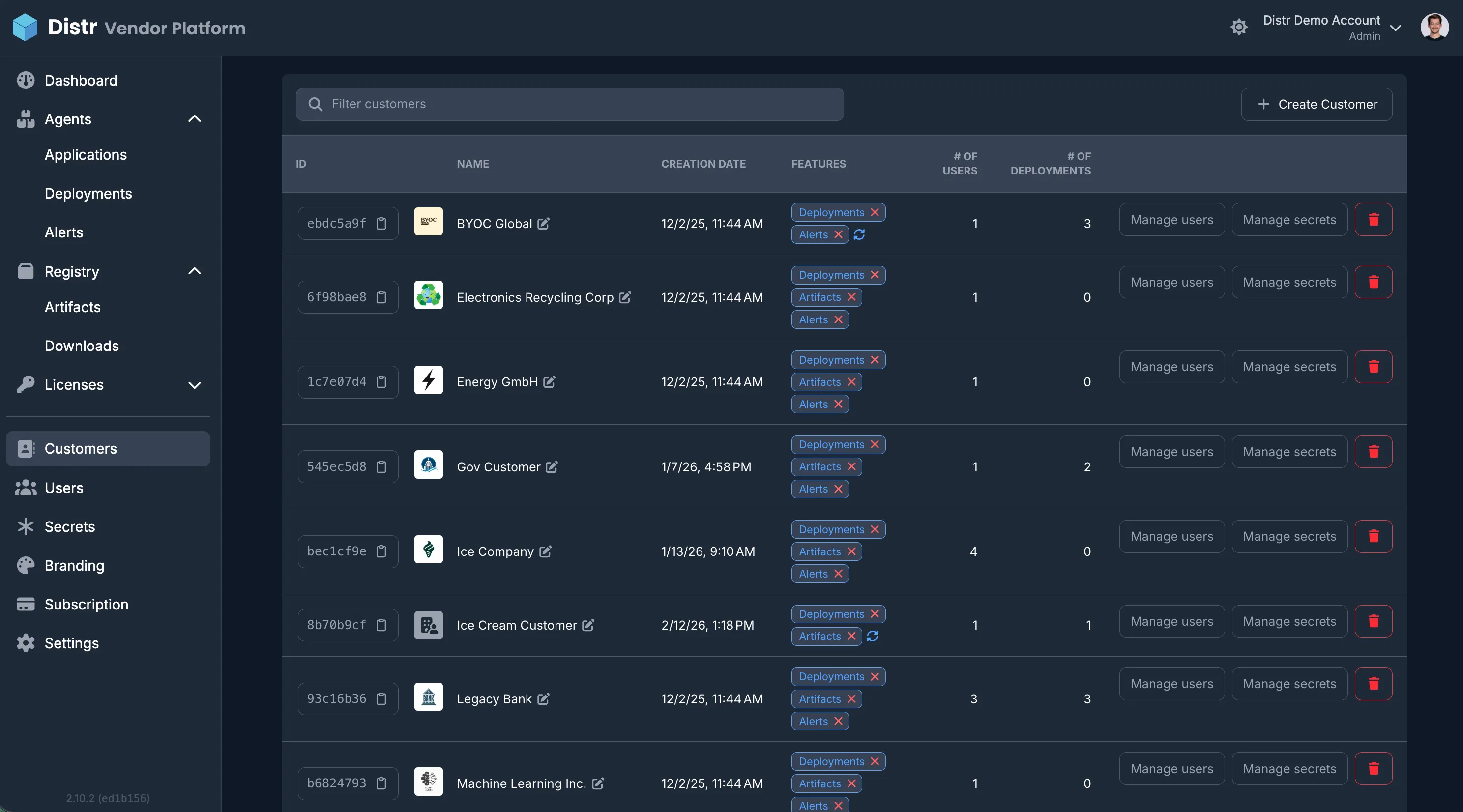 Customers section in the Vendor Portal
