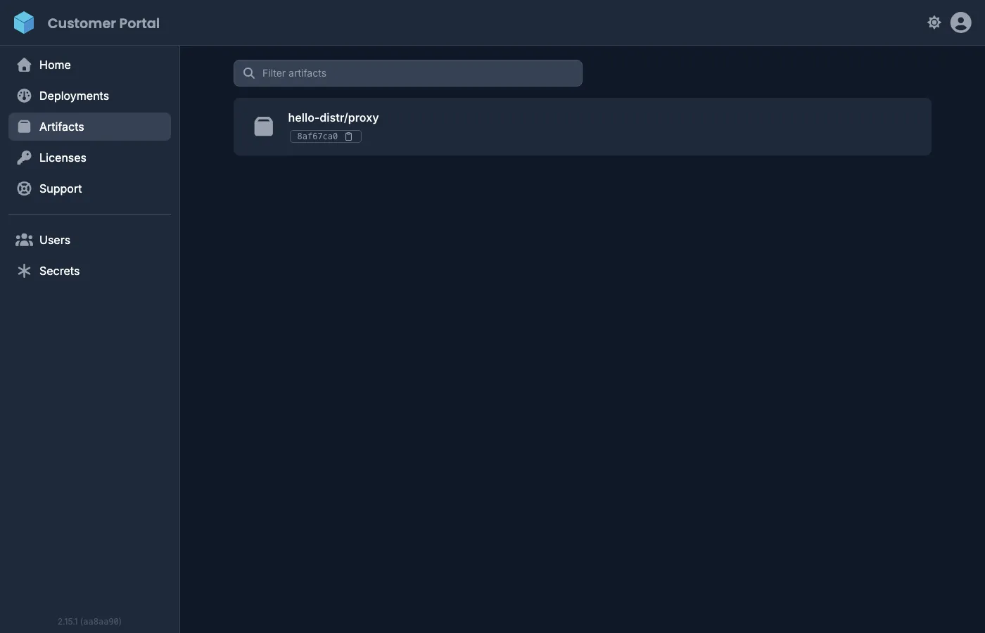 Customer Portal artifacts page