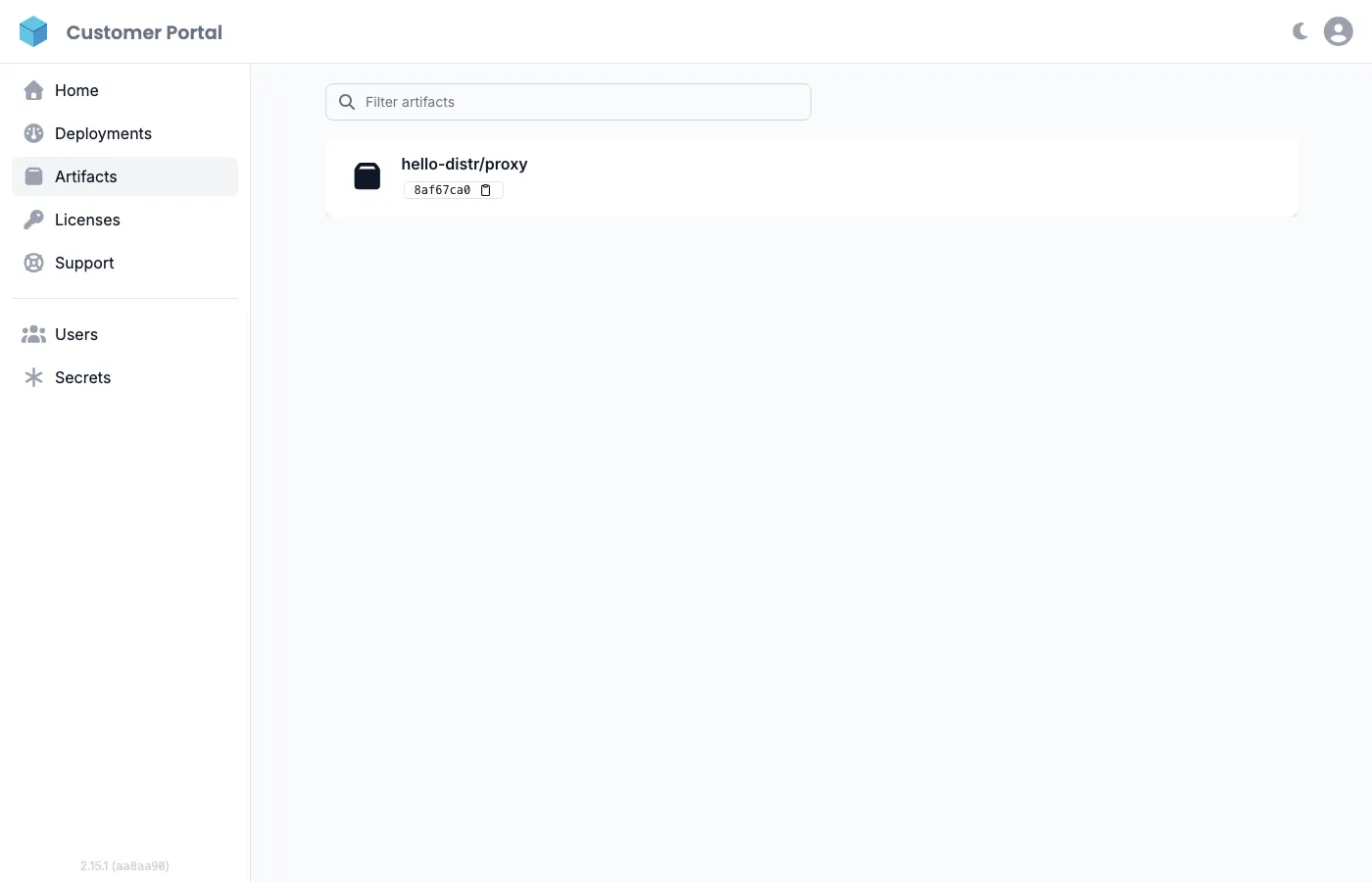 Customer Portal artifacts page