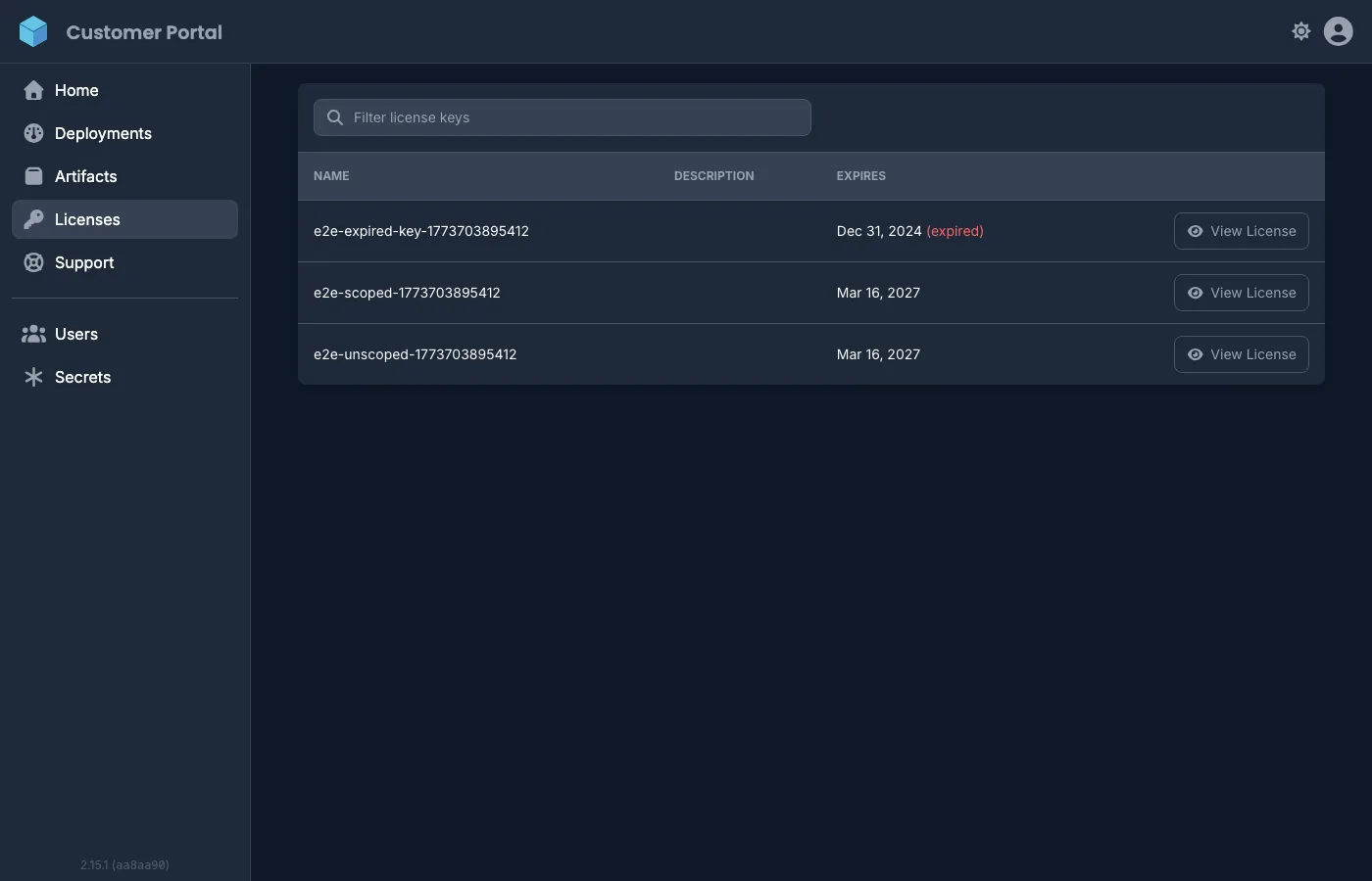 Customer Portal licenses page showing license keys