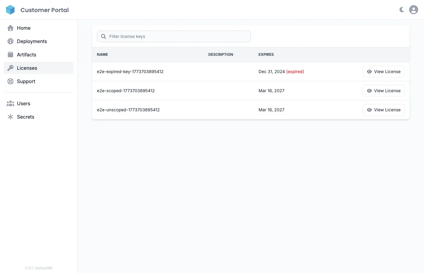 Customer Portal licenses page showing license keys