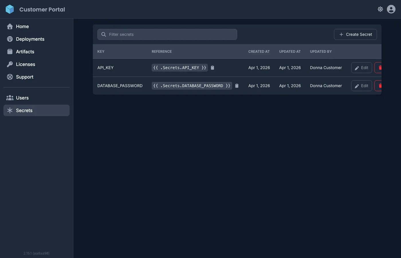 Customer Portal secrets page showing stored secrets