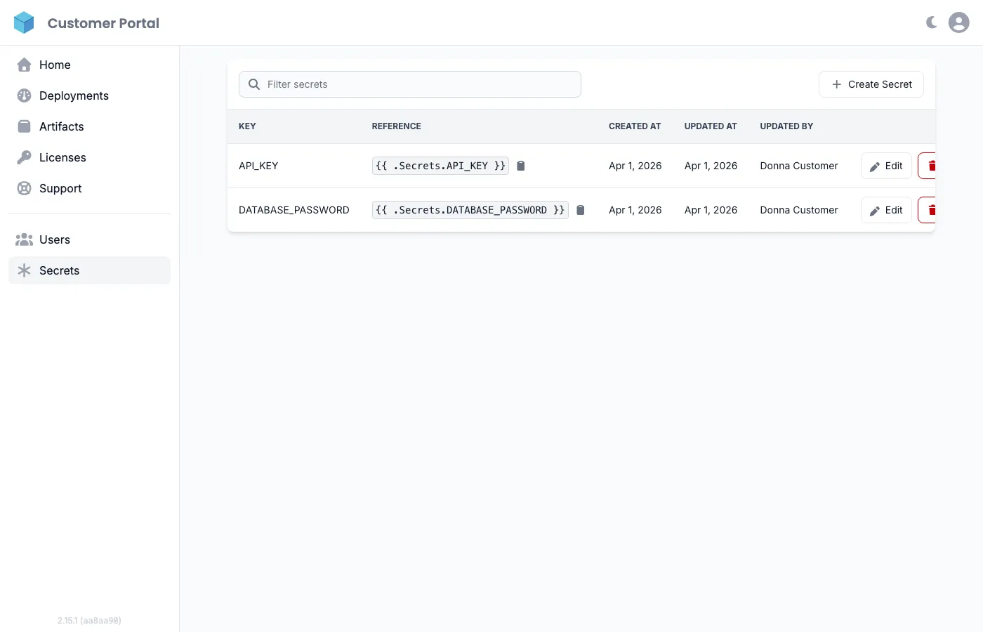 Customer Portal secrets page showing stored secrets