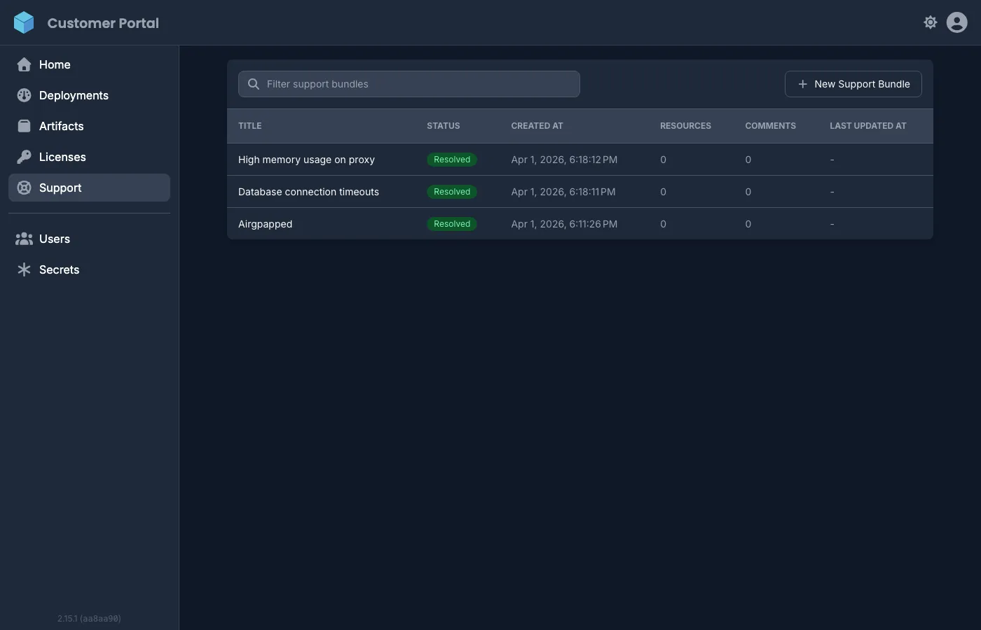 Customer Portal support bundles page