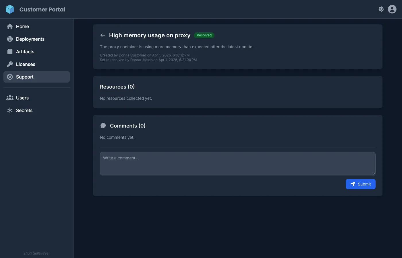 Support bundle detail view showing resources and comments