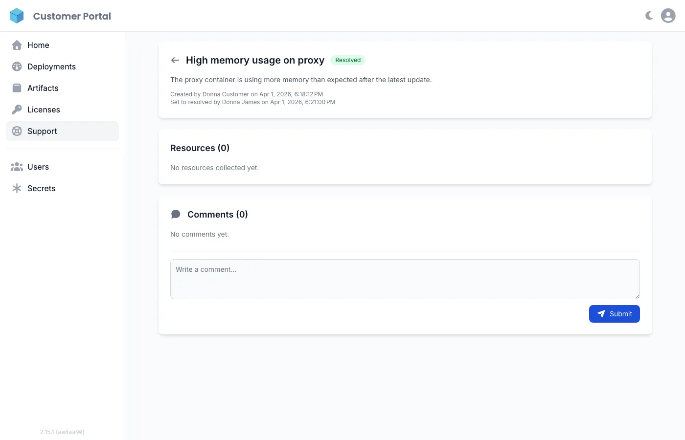 Support bundle detail view showing resources and comments