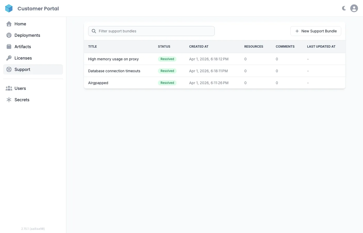 Customer Portal support bundles page