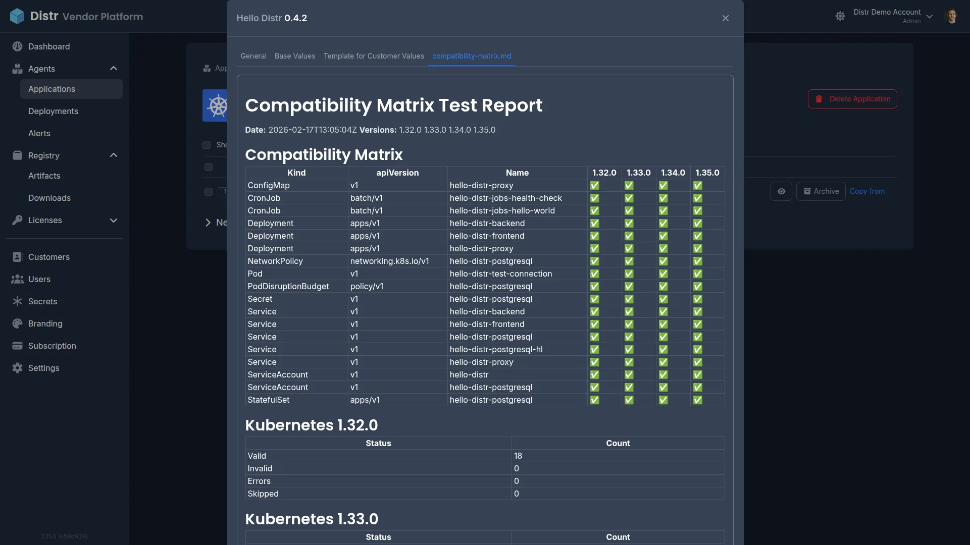 Compatibility matrix report in the Distr vendor portal