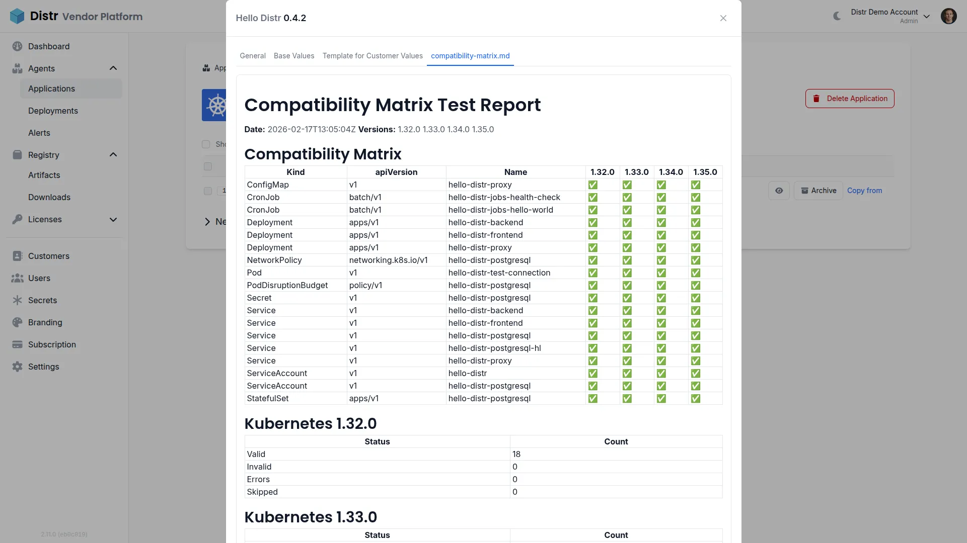 Compatibility matrix report in the Distr vendor portal