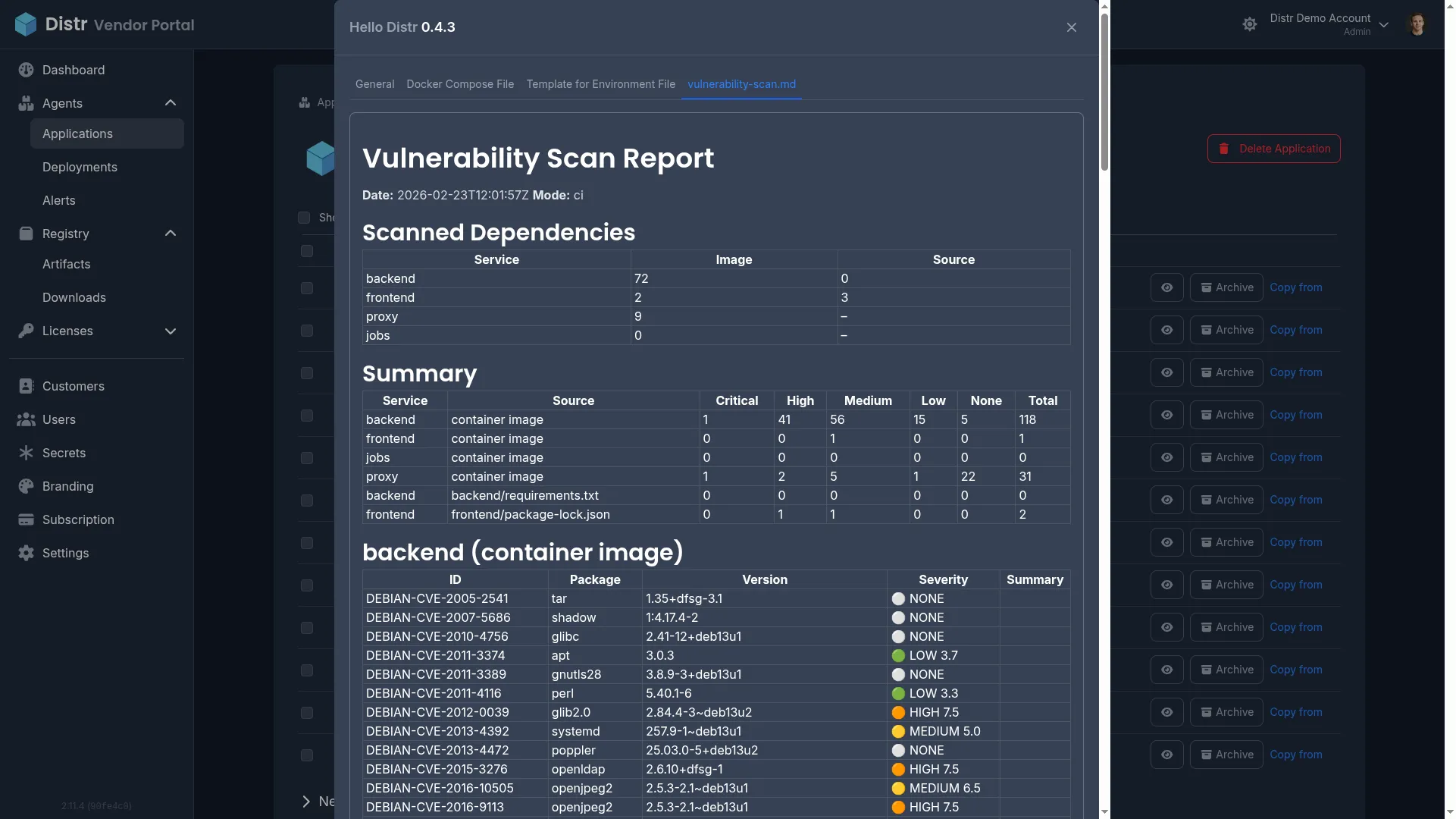 Vulnerability scan report in the Distr vendor portal