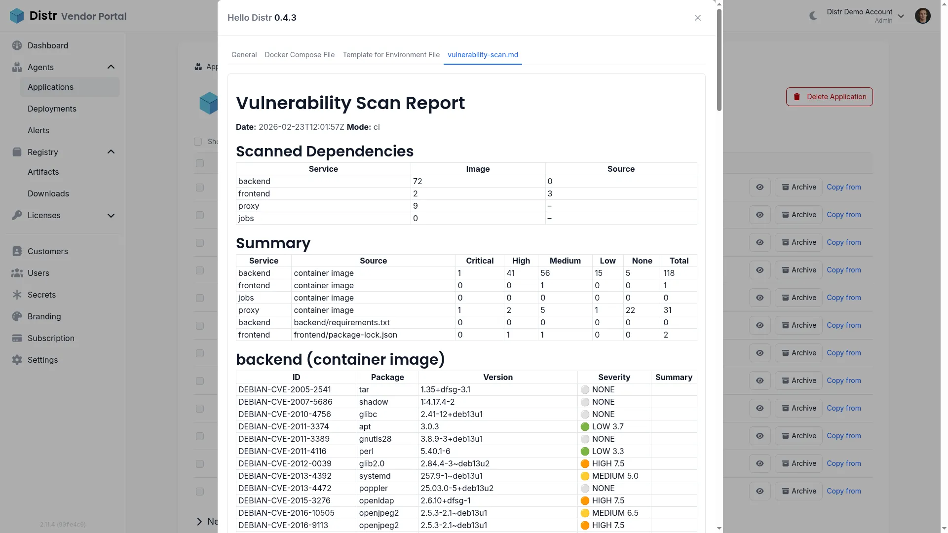 Vulnerability scan report in the Distr vendor portal