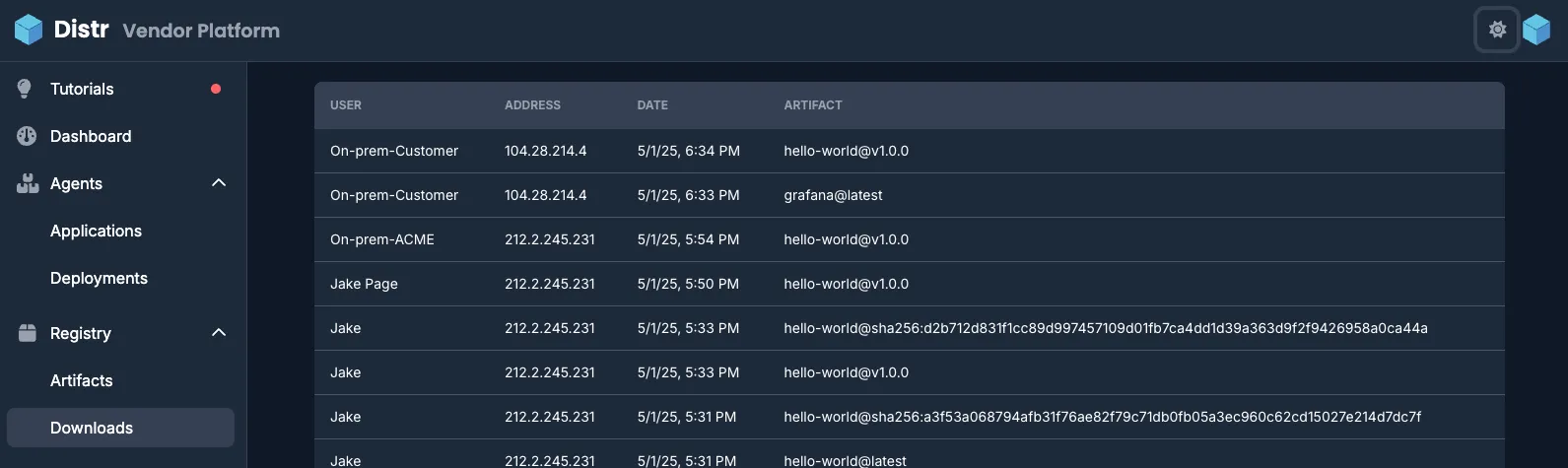 Registry artifacts view