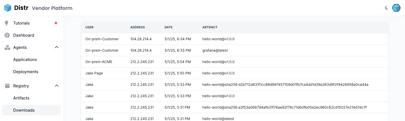 Registry artifacts view