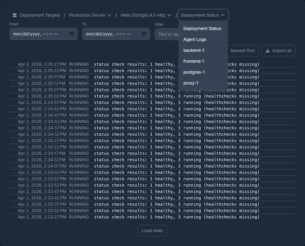 Log viewer with view dropdown showing Deployment Status, Agent Logs, and container resources