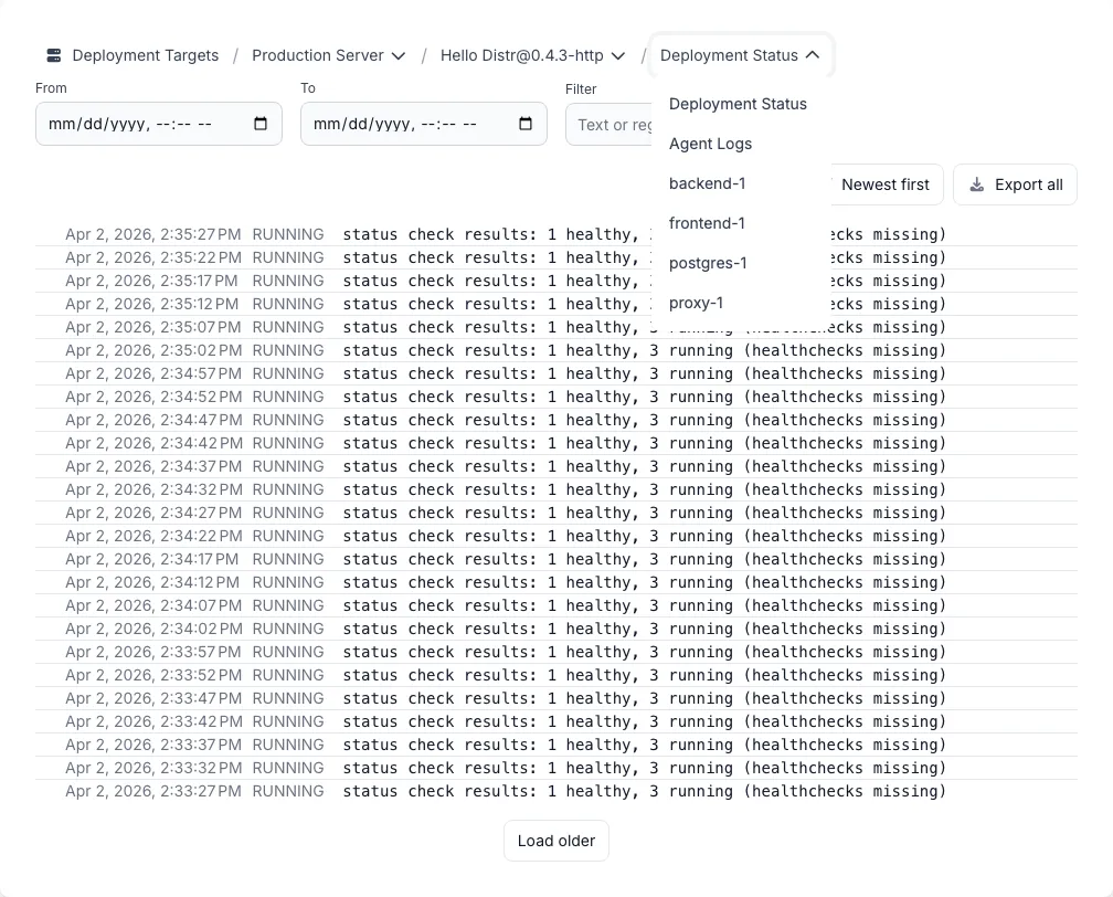 Log viewer with view dropdown showing Deployment Status, Agent Logs, and container resources