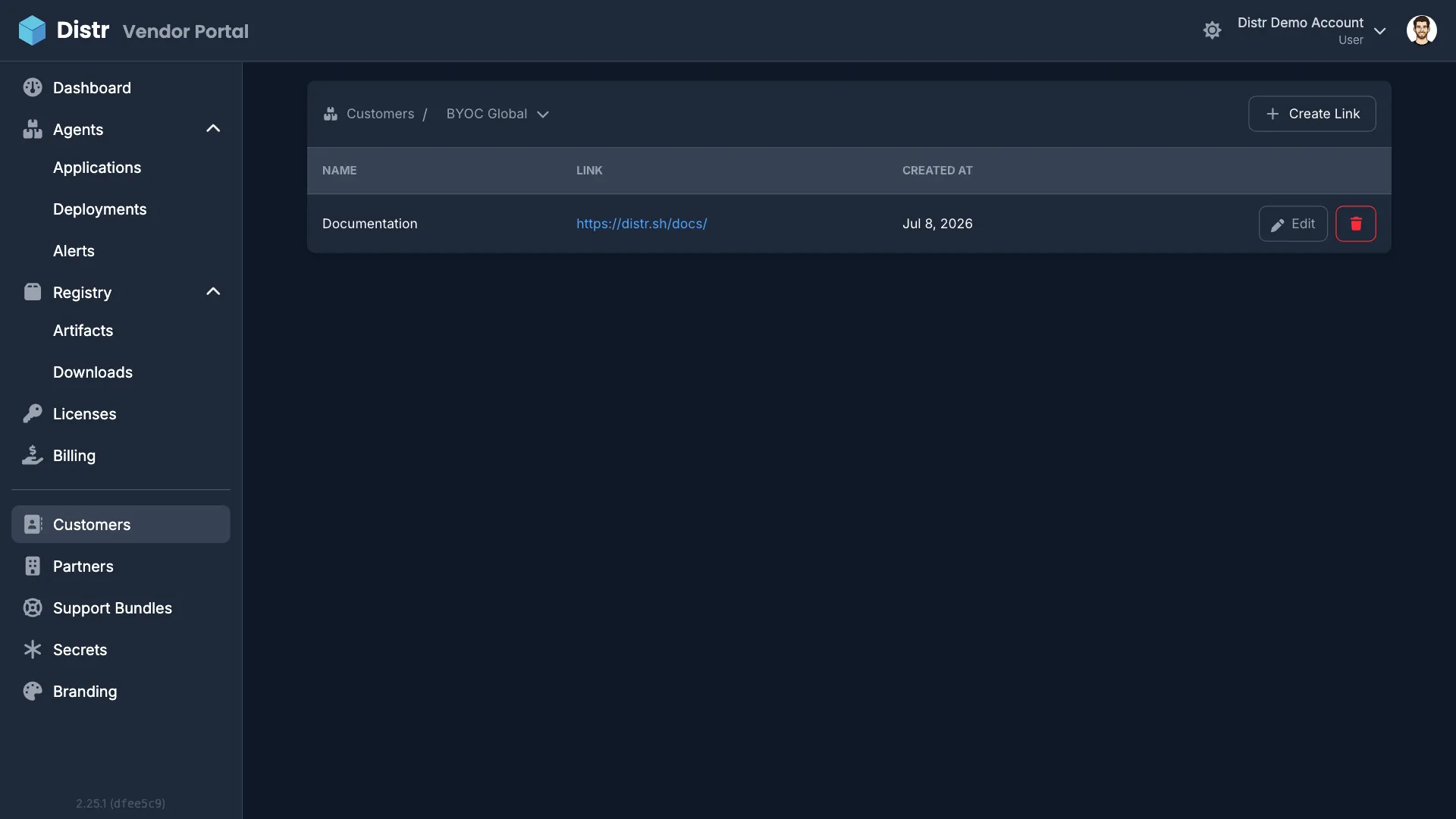 Manage links page for a customer with a configured Documentation link