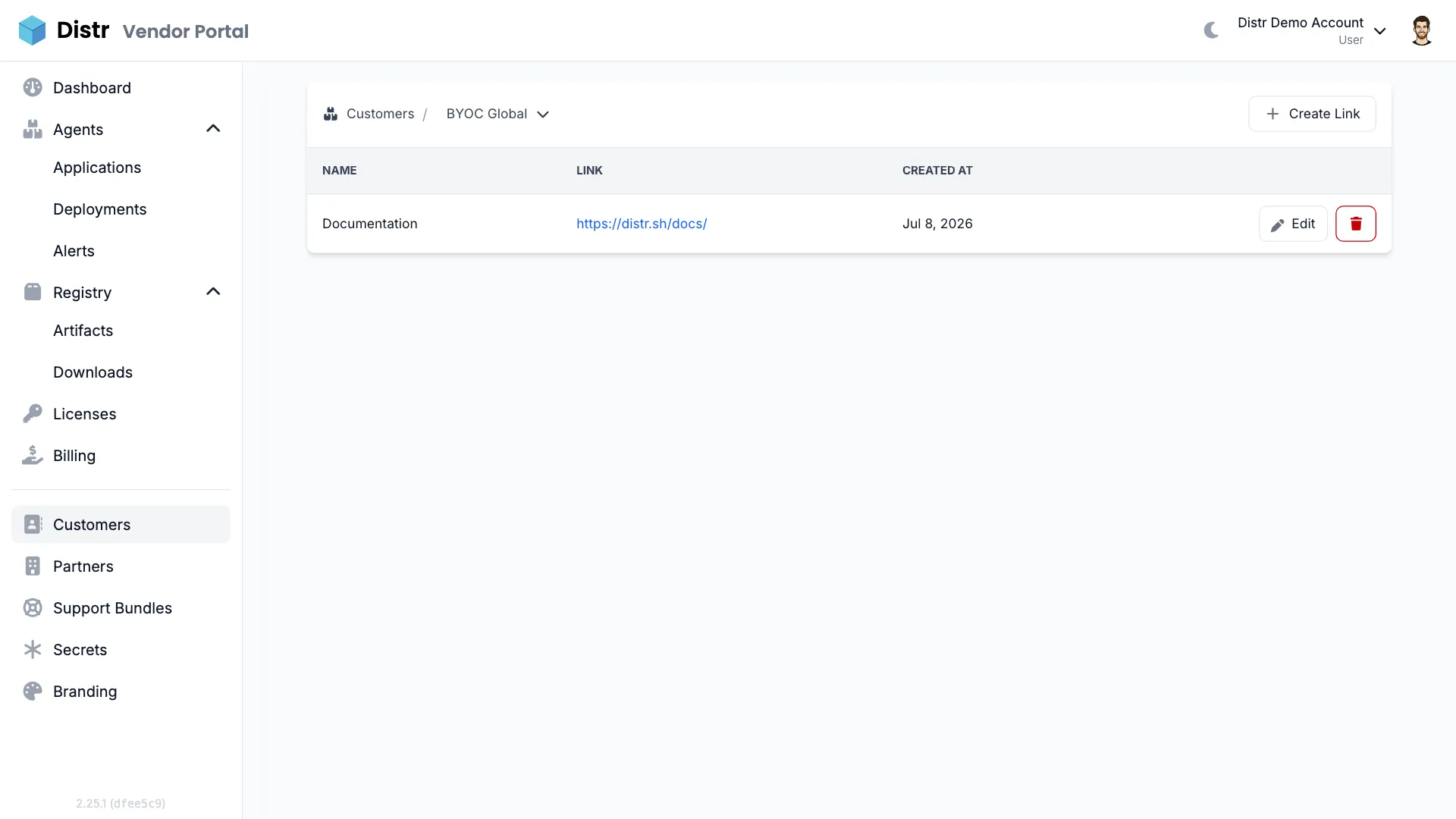 Manage links page for a customer with a configured Documentation link