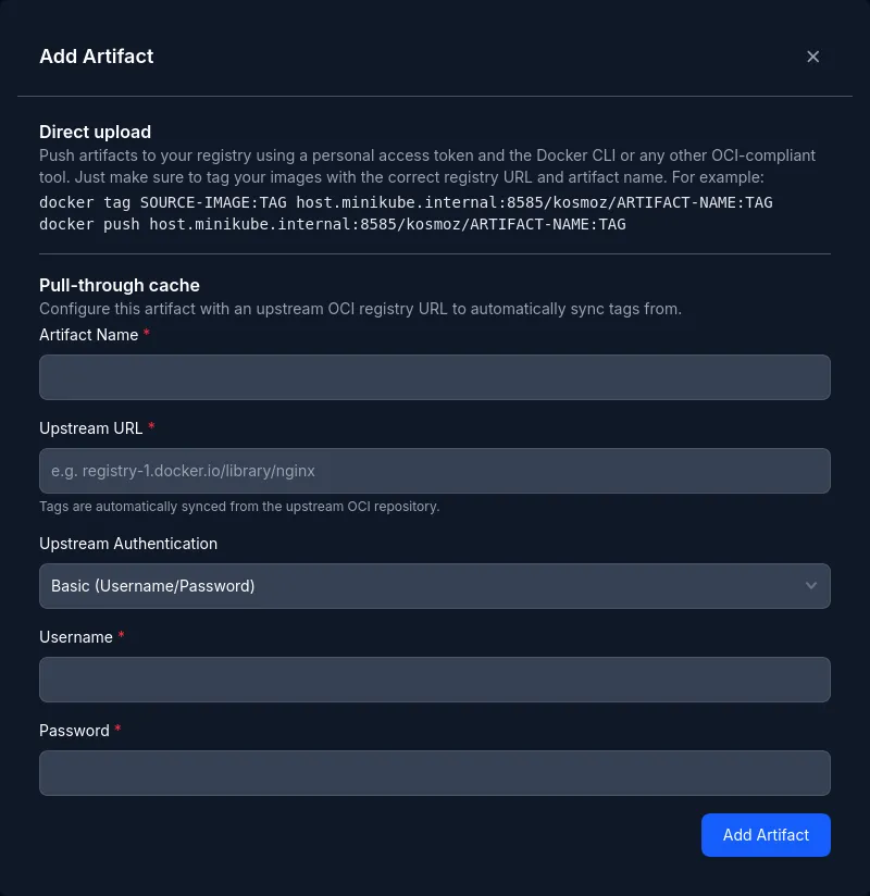 Pull-through cache configuration dialog