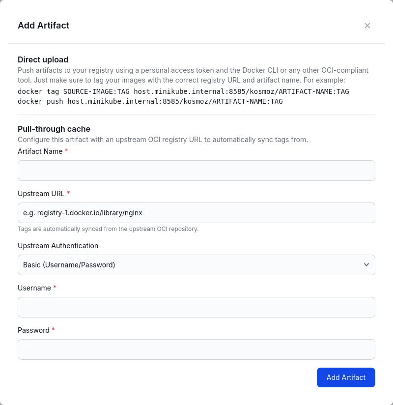 Pull-through cache configuration dialog