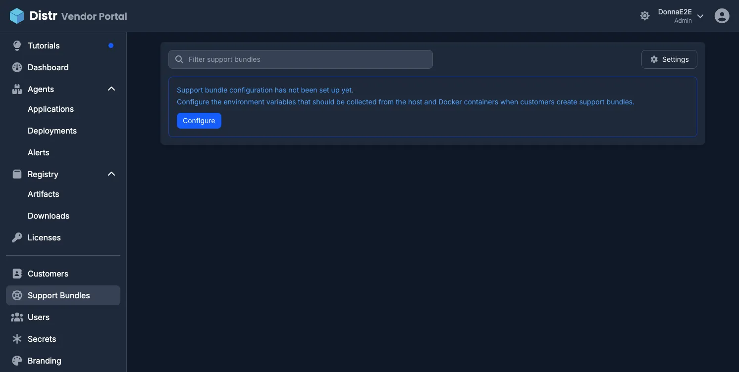 Support Bundles list in the Vendor Portal