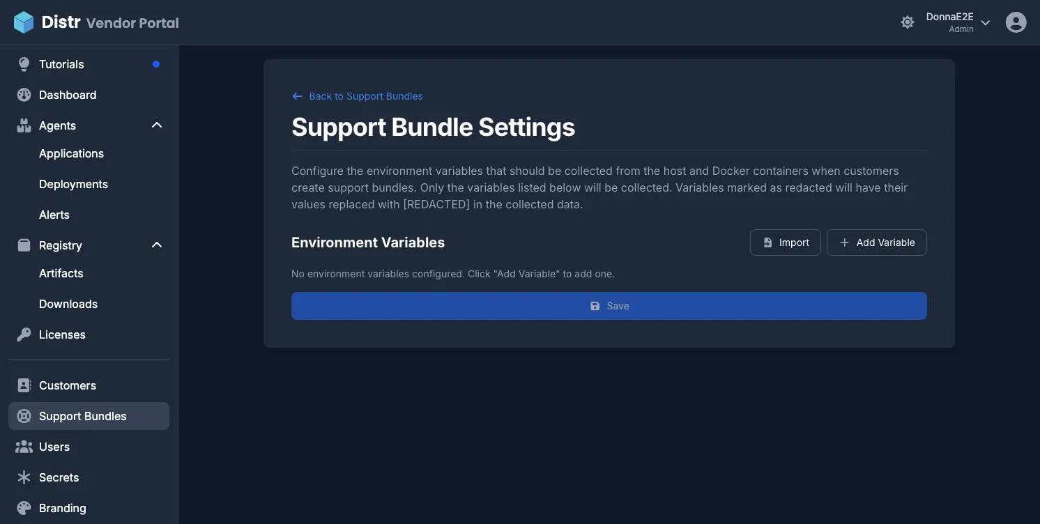 Support Bundle Settings showing the environment variable configuration