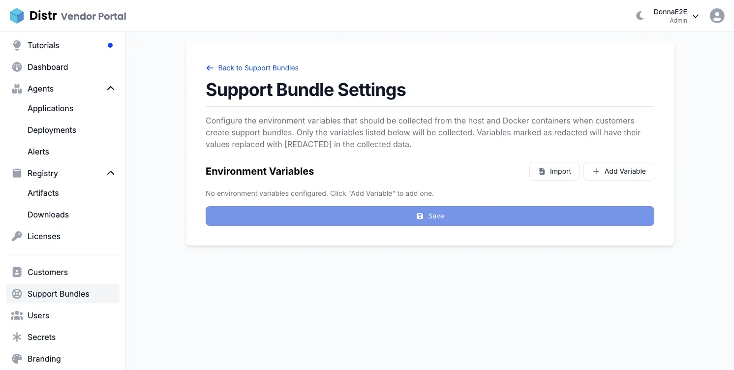 Support Bundle Settings showing the environment variable configuration