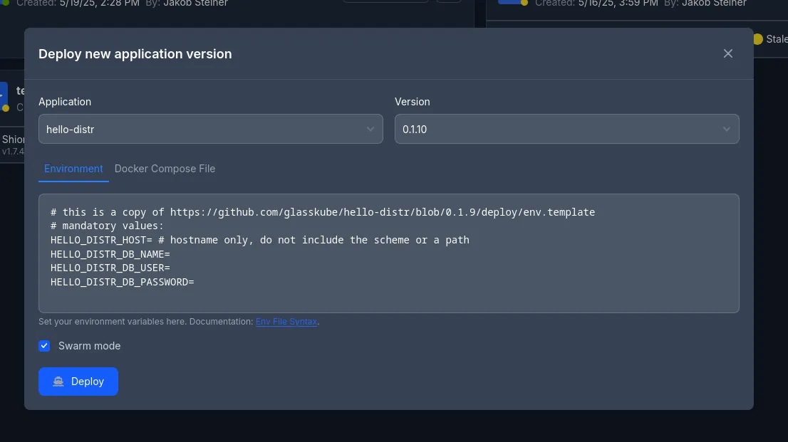 Screenshot of Distr showing a deployment with Swarm mode enabled